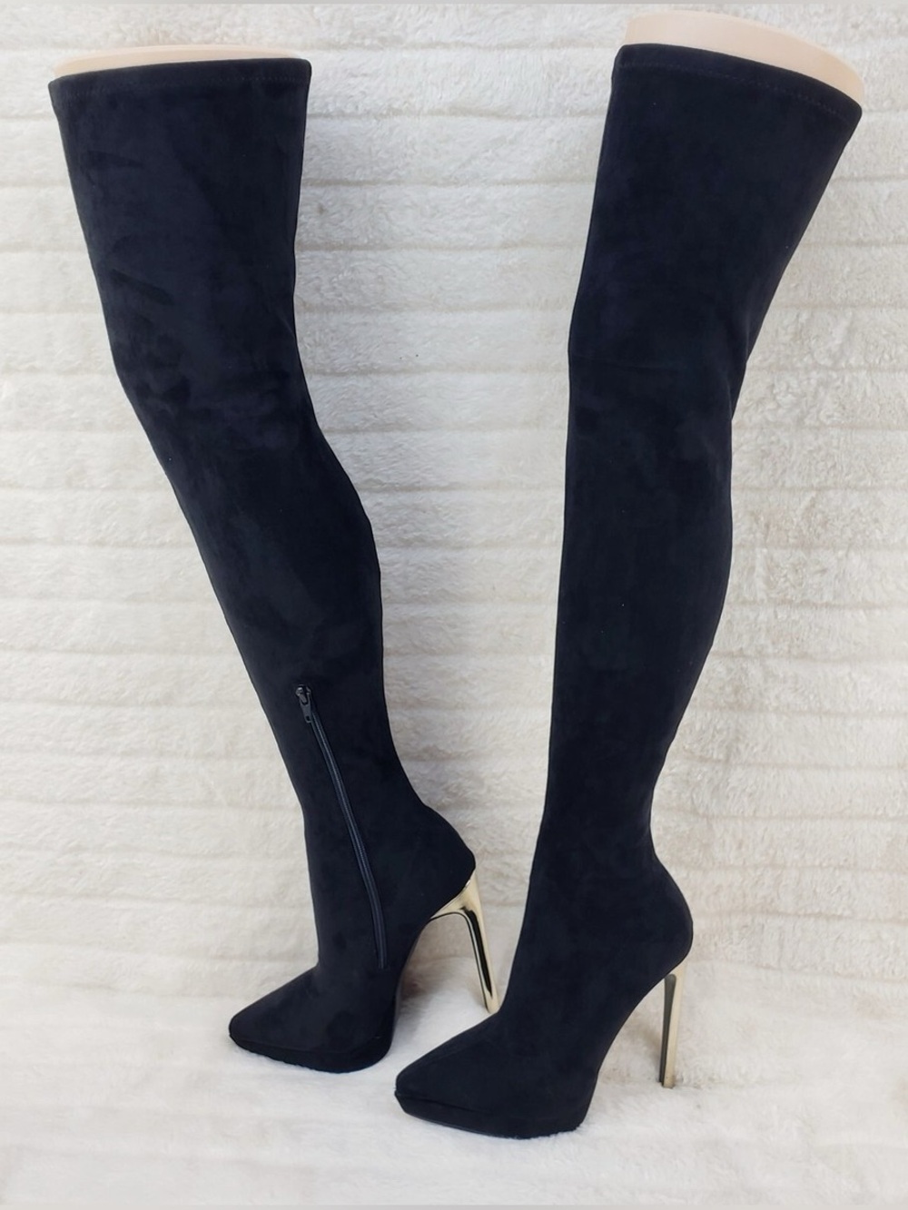 Girlz Revenge Faux Stretch Black Suede High Heel Platform Thigh High Boots